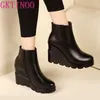 Autumn Winter Soft Leather Platform High Heels Girl Wedges Ankle Boots Shoes For Woman Fashion Boots Women Storlek 3440 201104