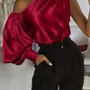 Celmia Casual Satin One Shoulder Blus Women's Fashion Glossy Lantern Sleeve Tops Asymmetrical Streetwear Shirts W220408