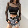 Frauen T-Shirt Sexy Schwarz Aushöhlen Mesh Weibliche Dünne Crop Top 2022 Mode Sommer Grundlegende Tops Für Frauen Fishnet hemd