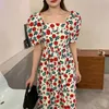 Casual Dresses Elegant Vintage Slim A Line Summer Puff Short Sleeve Midi Square Neck Rose Print Dress Bodycon Women Y2k Vestido De MujerCasu