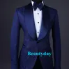 Smoking da sposa blu Abito formale da uomo Slim Fit Scialle in raso Colletti con bavero Abiti da uomo Abito da sposo su misura Blazer per giacca da ballo e pantaloni con fiocco