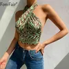 Forefair Femmes Vert Sexy Halter Cou Débardeur D'été Dos Nu Épaule Évider Imprimer Crop Top Vintage Mode 2021 G220414