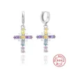 Dangle Chandelier Aide 925 Sterling Silver Gold Dangling Cross Boucles d'oreilles pour les femmes Coloré Cubic Zirconia Jeweled Pendant Drop Earring Gif