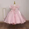 2022 Söta prinsessor Flower Girls Dresses For Wedding Off Axel Long Sequined Pink Lace Pärlor Tulle puffy ruffles Party Children For Birthday Girl Pageant Gowns