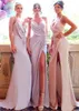 Spaghetti Straps Mermaid Long Bridesmaid Dresses with High Split Sweep Train Chiffon Maid of the Honor Dress Evening Gowns