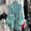 EWQ 2020 primavera nuova dolce manica lunga donna manica lunga camicia allentata cappotti con cintura di piume top corea donna verde camicette LJ200831