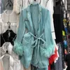 EWQ 2020 Spring New Sweet Long Sleeve Women Long Sleeve Loose Shirt Coats With Feather Belt Tops Korea Womens Green Blouses LJ200831