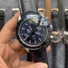 Orologio da polso da uomo da 44 mm, orologio meccanico automatico, fasi lunari, cinturino in pelle blu nero, cristallo di zaffiro impermeabile