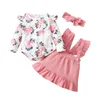 Kläder sätter 3st baby flickor kläder höstdräkt blommig tryckt långärmad rund krage romper spets hängspens kjol huvudkläder setclothing
