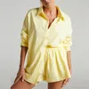 트랙 슈트 패션 패치 워크 면화 2 조각 세트 여성 긴 소매 포켓 셔츠 하이 허리 반바지 줄무늬 인쇄 휴가 세트