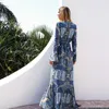 Bohemian Printing Beach Dress Långärmad Hippie Chic Maxi Holiday 3XL Bandage Es Plus Size Vacation Vestidos 220426