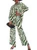 Pantalones de dos piezas para mujer, conjunto informal de 2 piezas, camisa de manga larga con botones, trajes elásticos de pierna ancha de cintura alta para ropa de calle para mujer