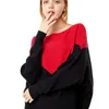 Lös stickad tröja Kvinnor Jumpers långärmad o-hals kvinna tröjor tröja hösten vinter färg block casual tröja 201203