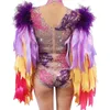 Bühnenbekleidung funkelnde farbenfrohe Diamanten Frauen Lila Purple Federband BodySuits Nachtclub Kostüme Drag Queen Outfitstage325c