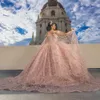 Pink Crystal Appliques Бальное платье Quinceanera Платья с накидкой Корсет-Корсет Милая Рукавов Vestido de 15 16 Anos