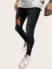 QNPQYX New Men's Cartoon Embroidery Skinny Ripped Stretch Jeans Men Slim Fit High Quality Hip Hop Men's Slim Fit Destroyed Jeans Black