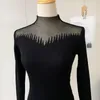 Kvinnors tröjor Elegant Black Swan Half Turtleneck Pullover Tröja Kvinnors nät Stitching Knittad t-shirt Sexig genomskinlig skjorta Topwo