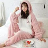 Cute Pajamas Set 2 Pieces Women Sleepwear Warm Winter Thick Coral Fleece Hooded Cartoon Girl Homewear Animal Nightie 220329