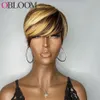 Short Pixie Cut Peruvian Human Hair Wigs with Bangs Ombre Blonde 180 Density None Lace Front Wig Glueless for Black Women