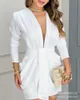 Casual Dresses Long Sleeve Plunge Ruched Party Dress Style White Deep V Sexy Spring Summer Women Mini DressCasual