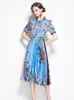 Women Pleated Vintage Dress Fashionable All-match Slim Flower Print Bow Dresses Elegant Ladies High Waist Mid Length Vestidos