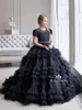 Girl's Dresses Black Elegant Tulle Flower Girl For Wedding Ball Gown Beading Tiered Princess Kids Birthday Party Dress Prom GownGirl's