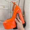 Tan-Go platform pumps shoes Orange patent leather high-heeled ankle strap chunky heels block Heel 155mm round toe dress shoe Women Luxury Designers factory footwear