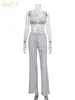 CLACIVE SEXY GLITTER STELESS CROPES CROP TOP TOW TWE PIECE Pants Set Women Summer High midjebyxor Set Bodycon Straight Trouser Suits 220509