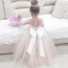 2-14 Years Lace Tulle Flower Girl Dress Bows Puffy Children First Communion Gown Long Sleeve Tulle Kids Birthday Party Dresses