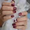 False Nails 3D Decoration Wine Red Fake Nail Shimmer Rhinestone Designed Short Square Elegant Full Art Tips Prud22