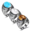 Anel de prata antigo, anel retro tribunal turquesa Tiger Eye Titanium Steel Rings Jewelry for Men