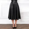 Moarcho Women Pu Leather A-Line Skirts Summer Solid Color Belt Fashion Office Lady Elegant Party Club Skirt Arrival 220317