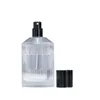 Bottiglia di vetro trasparente trasparente Pompa a crimpare ricaricabile Coperchio nero Vuoto Imballaggio cosmetico rotondo portatile Flacone spray per profumo con fondo spesso 30 ml 50 ml 100 ml