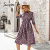 Элегантное A-Line Polka Dot Women Dress Осенняя офисная леди O-образное ремень Женщины Миди платье с полу рукава фиолетовая Вестидо 220511