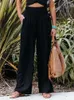 Feminina elegante perna larga linear linho vintage de linho sólido colorido de moletom feminino chique casual calça de cintura alta 220726