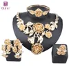 Luxury Dubai Gold Color Rose Flower Jewelry Set för kvinnor halsband Bangle örhängen ring bröllop brud juveler set