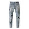 Designer Jeans for Men Pants Motorcycle Regular White Star Slim Fit Denim Hip Hop Mens Biker Ripped with Hole Distress Stretch Male Long Straight Leg Light Blue