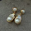 White Keshi Gold color Plated Stud Earrings Nucleated Flameball Baroque Pearl earrings luxury wedding for women