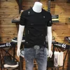 2022 Été Nouveaux T-shirts pour hommes Coton mercerisé Slim Col rond Manches courtes Mode Motif de broderie Lettre T-shirts Élastique Demi-manches Vêtements Top Noir Blanc M-3XL