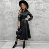 Women Office Lady PU A line Solid Turn Down Collar Single Breasted Sashes Black Autumn Casual Party Chic Long Dress 220402