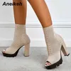 Aneikeh Mid Calf Stretch Boots Fashion Sexy Peep Toe Square High Heel Women Party Dress Pumps Slip on Platform Designer Shoes 220421