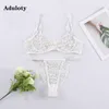 selling Women's lace embroidered underwear thin mesh see-through sexy erotic lingerie underwire gather bra thong set 220513