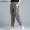 Chegada verão coreia moda elegante cintura alta fina casual harem calças mulheres listradas algodão linho calças 10299 220725