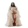 Elegant plus size illusion moderskap prom klänningar tyll fotoshoot mantel gravid kvinna delade skivor ruffles klänning brudfest födelsedag klänningar