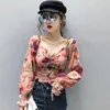 Women's Blouses & Shirts Women Slim Pleat Blusas Square Collar Floral Print Blouse Off Shoulder Chiffon