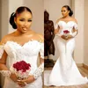 2022 Plus Size Arabic Aso Ebi Mermaid Lace Beaded Wedding Dress Sheer Neck Long Sleeves Satin Sexy Vintage Bridal Dresses Gowns B0518206