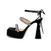 leather 2024 Genuine women Ladies satin sandals chunky high heels summer Square head Casual platform peep toe party wedding Cross-tied Narrow Band diamond