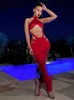 Женщины сексуальные Halter Halter Halter Hollow Out Bodycon Party Club Вечернее Красное длинное платье 2022 Летняя одежда Оптовая торговля предметами Y220413