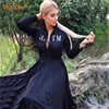 2020 Kvinnor S Black Elegant Pleated Dress Long Sleeve Stand Collar Front Zipper High midje Casual Dress Celebrity Party Vestidos LJ200818