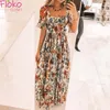 فساتين غير رسمية Flokocloset صيفي طباعة بوهيمية فستان ماكسي للنساء 2022 تصميم ياقة مربعة بأكمام قصيرة فستان طويل للحفلات